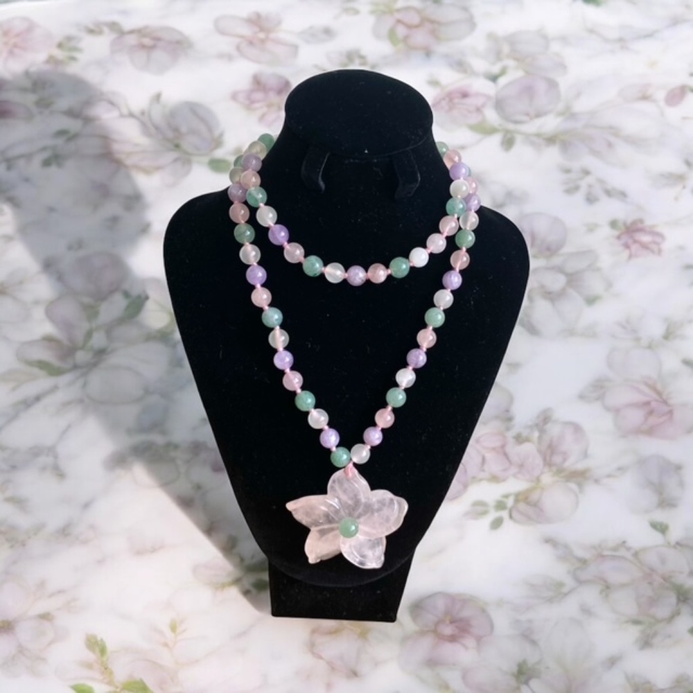 Elegant Multi-coloured Natural Beaded with Carved Floral Pendant Necklace